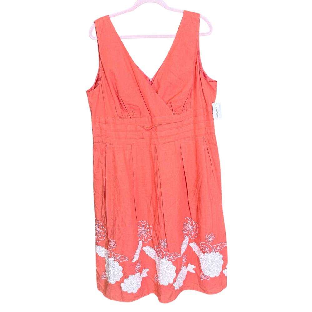 dressbarn Coral Sleeveless V-Neck Midi Dress with White Floral Trim